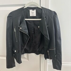 Mango Black Leather Jacket with Silver Hardware